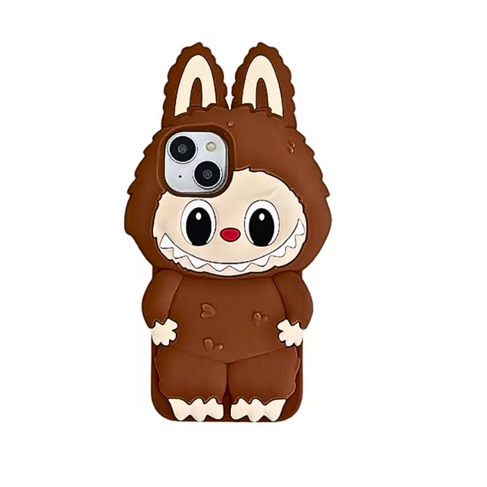 Brown cartoon squirrel phone case on a white background
Front view of brown kawaii monster 3D silicone iPhone case with red bow and cartoon character design.
labubu phone case
