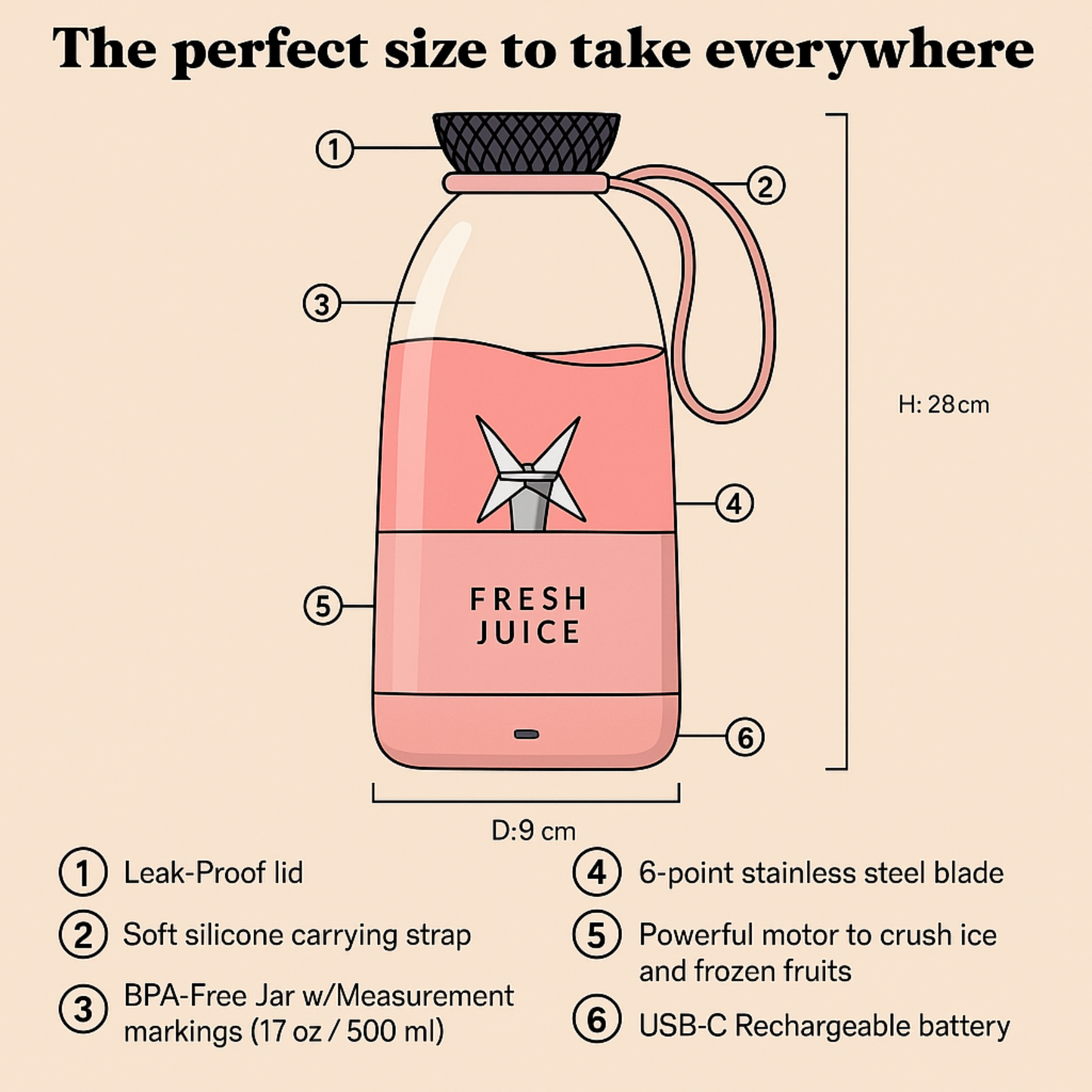 500ml Portable 2400mAh Wireless Fruit Mixers USB juicer Fresh Juice Bottle Blender Plus 6 Blades Food Milkshake Ice Crush Cup