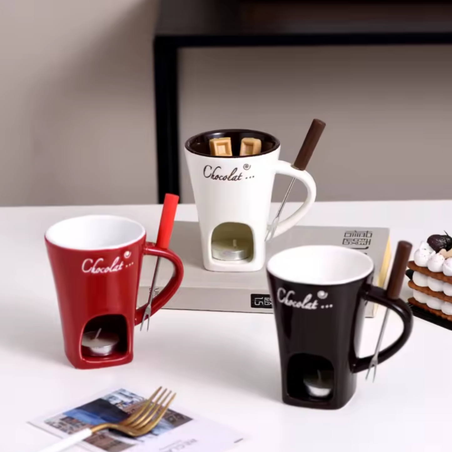 ceramic chocolate fondue mug set cheese fondue mug with fork no candle